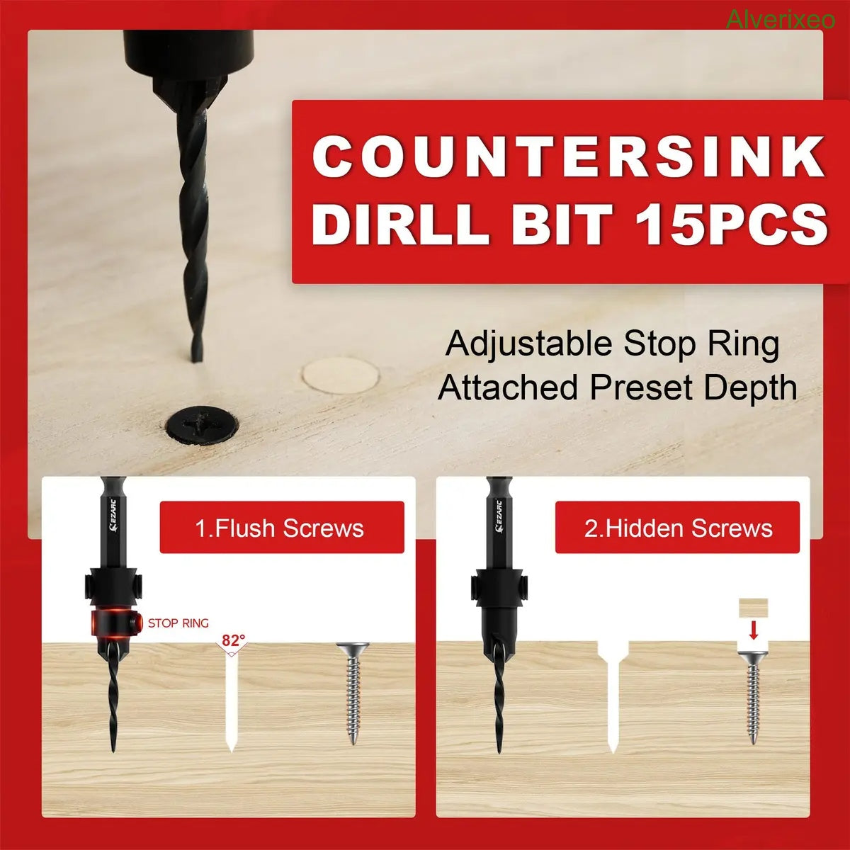 Wood Countersink Drill Bit Set with 1/4" Hex Shank & Storage Case
