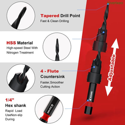 Wood Countersink Drill Bit Set with 1/4" Hex Shank & Storage Case