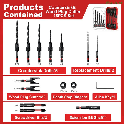Wood Countersink Drill Bit Set with 1/4" Hex Shank & Storage Case