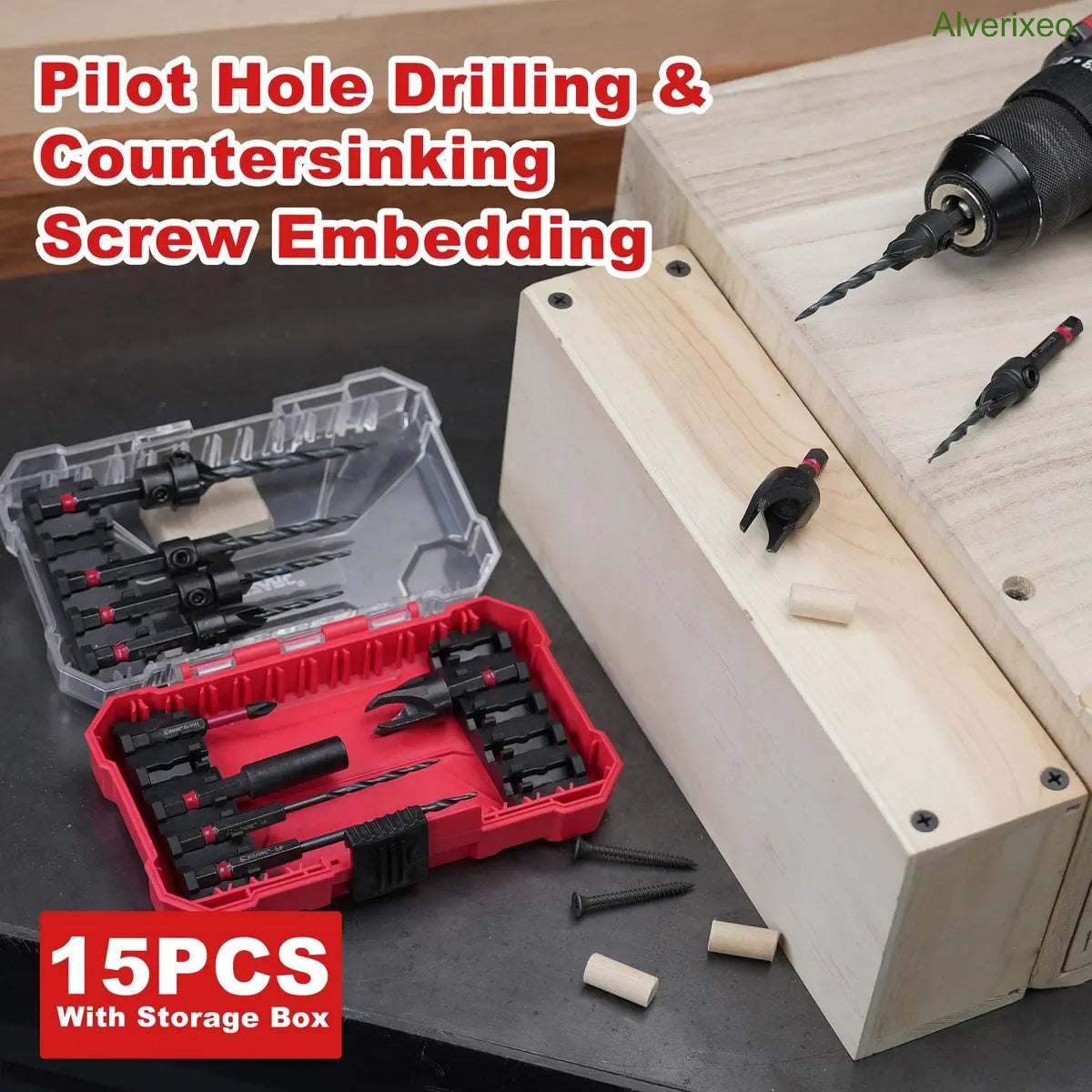 Wood Countersink Drill Bit Set with 1/4" Hex Shank & Storage Case